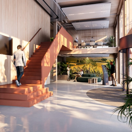 Modern office space at Moutlaan 1-23, Enschede, featuring a stylish open floorplan with greenery, people collaborating and using technology. Ideal for office space rental.