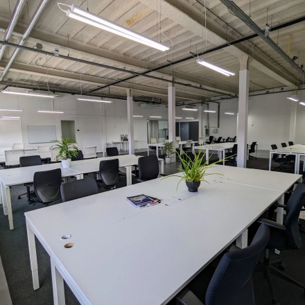 Spacious office interior at Rigtersbleek-Zandvoort 10, Enschede, featuring modern desks with chairs, plants, and bright lighting, ideal for office space rental.