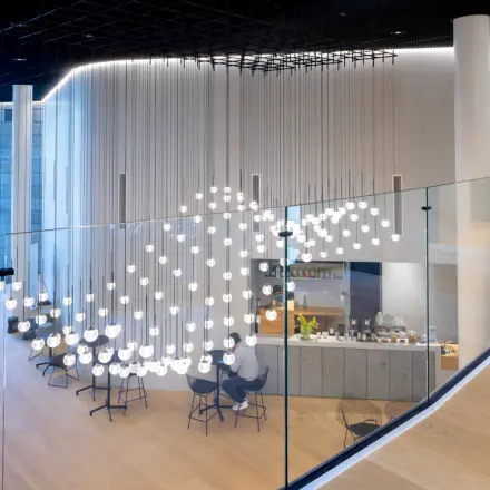 Modern office reception area with stylish lighting at Solmsstrasse 83, Frankfurt Bockenheim, ideal for office space rental.