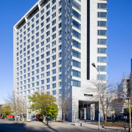 Exterior view of a modern office building at Solmsstrasse 83, located in Frankfurt Bockenheim, suitable for office space rental.