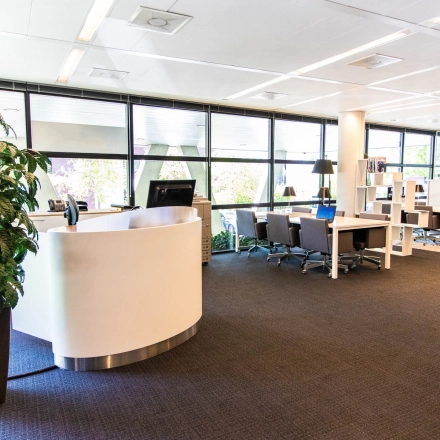 Bright and spacious office interior at Kampenringweg 45, Gouda, featuring modern furnishings and a welcoming atmosphere for office space rental.