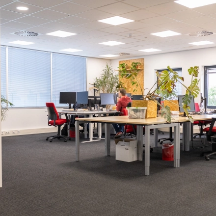 Furnished office space for rent at Zuidelijk Halfrond 1, Gouda, with desks, chairs, and plants in a bright setting.