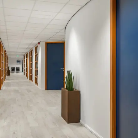 Bright hallway in an office space for rent at A. Hofmanweg 5A, Haarlem Waarderpolder, featuring modern doors and light wooden flooring.