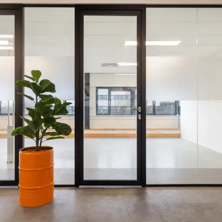 Bright office space with glass walls, a potted plant, and ample natural light at Waarderweg 52, ideal for office space rental in Haarlem Waarderpolder.
