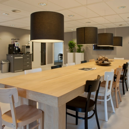 Spacious and well-lit office space in Heemstede with a large wooden table, modern chairs, and plants, perfect for meetings or collaborative work.