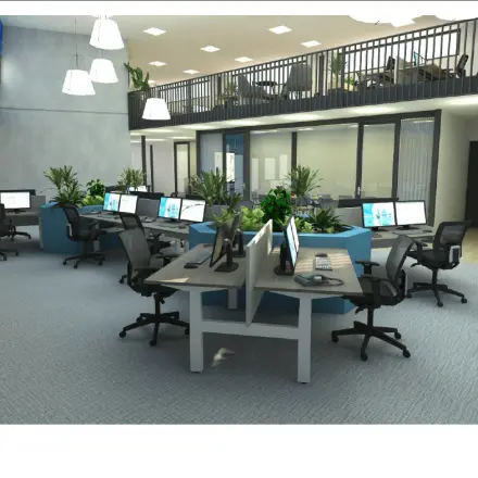 Modern office space with multiple workstations available for rent at Lintelerweg 40, Hengelo. Bright open-floor plan, featuring sleek desks, ergonomic chairs, and computers in a contemporary setting.