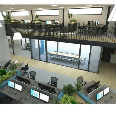 Spacious, modern office to rent at Lintelerweg 40 in Hengelo, featuring a sleek design with multiple workstations and a central conference room.