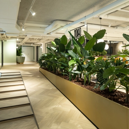 Spacious interior of an office at Siriusdreef 60, Hoofddorp, featuring lush indoor plants along a polished corridor, perfect for office space rental. Bright, modern design with ample workspace potential.