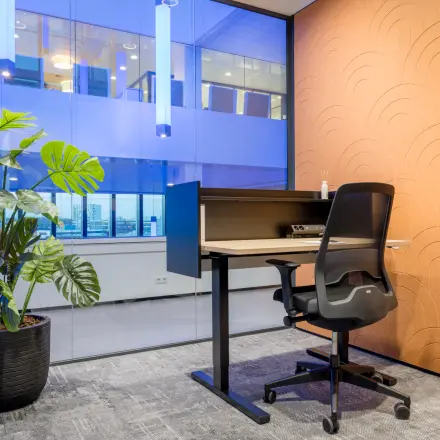 Modern office space at Bargelaan 200, Leiden with a sleek desk, ergonomic chair, and a large potted plant, ideal for office space rental.