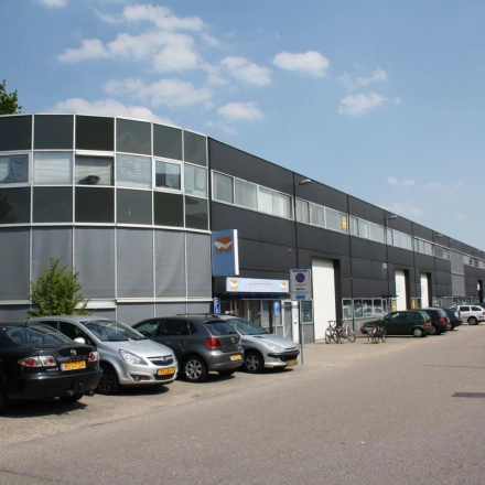 Exterior view of office building at Fruitweg 22 in Leiden, suitable for office space rental with parking available.