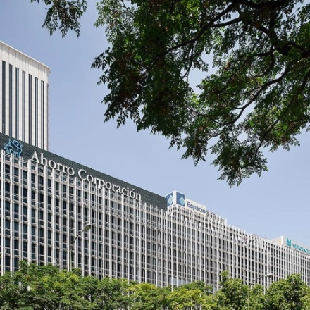 View of office buildings at Paseo de la Castellana 93 in Madrid Azca, perfect for office space rental.