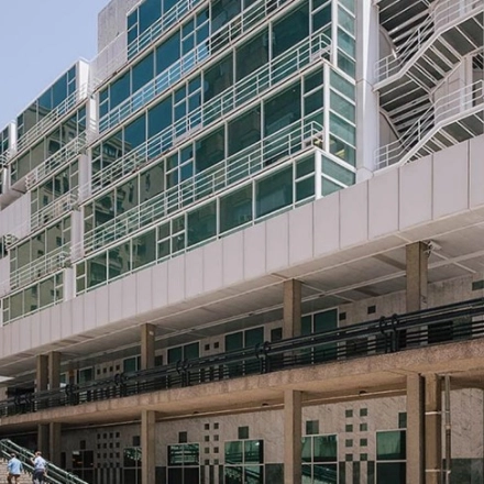 Exterior of the office building at Plaza de Carlos Trías Bertrán 7, Madrid Azca, available for office space rental.