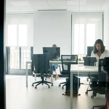 Office space rental at calle de las Huertas 11 in Madrid Center featuring professionals engaged in work activities in a bright, furnished environment.
