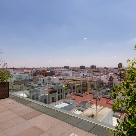 A rooftop view of Madrid with glass railings and greenery, highlighting potential for office space rental opportunities.