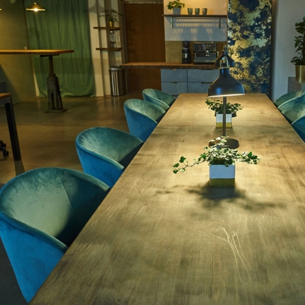 A well-lit office workspace with a long wooden table, blue chairs, and potted plants in Munich's Amalienstraße 71, ideal for office space rental.