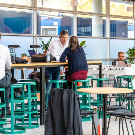 Modern office space available for rent in Munich Maxvorstadt at Oskar-von-Miller-Ring 20, featuring professionals engaged in discussions and working at tables surrounded by greenery and natural light.