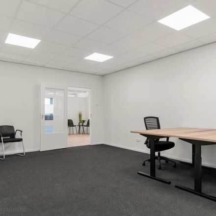 Furnished office space to rent at Nijverheidsweg 9B, Nieuwegein, featuring a modern interior with chairs, desks, and clean lines. Ideal for office space rental seekers.