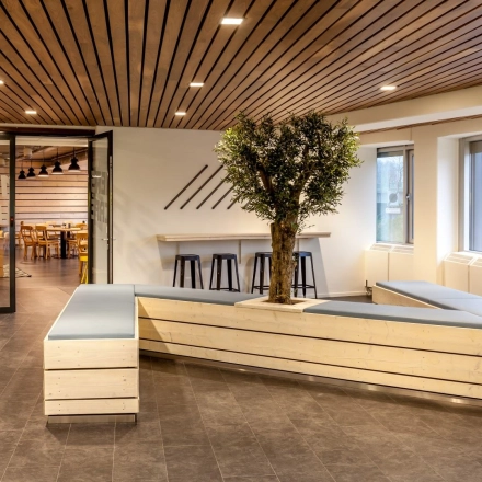 Modern office interior at Zoomstede 19, Nieuwegein featuring a unique wooden seating area with a tree centerpiece, ideal for informal meetings or relaxation. Perfect for businesses seeking distinctive office space rental.