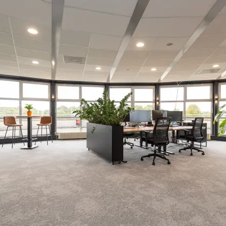 Bright, furnished office space with large windows, desks, and greenery at Patroonstraat 13 in Nijkerk, perfect for office space rental.