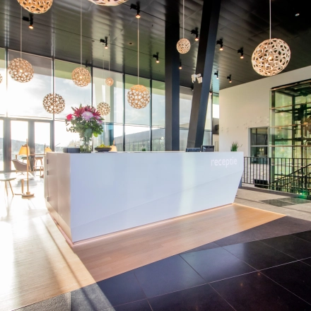 Spacious and modern reception area at Jonkerbosplein 52, Nijmegen, ideal for office space rental. Features unique lighting and a sleek desk, perfect for welcoming visitors.