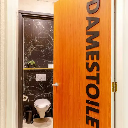 Interior restroom with wooden door labeled 'DAMESTOILET' at Leeghwaterstraat 25 office space to rent in Reeuwijk.