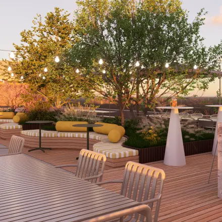 Spacious rooftop terrace with seating and greenery, ideal for business gatherings at Marten Meesweg 101, Rotterdam Alexander. Perfect for office space rental needs.