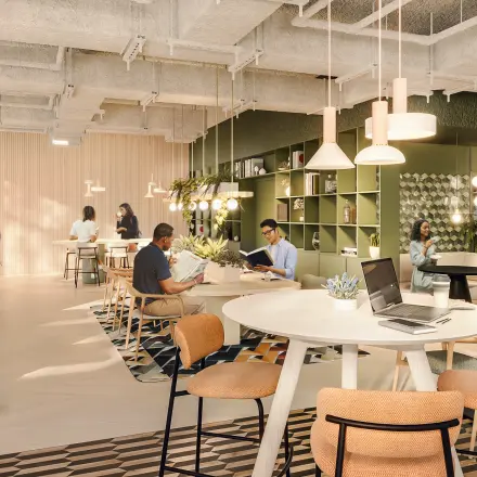 Modern office space at Marten Meesweg 101, Rotterdam Alexander, featuring people working and having meetings in a stylish, well-lit environment with contemporary furnishings. Ideal for office space rental.