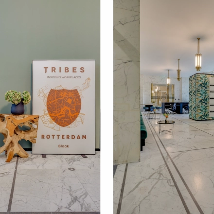 Stylish lobby at Blaak 34 in Rotterdam Center, ideal for office space rental, with modern decor and art pieces. Perfect for businesses seeking an office to rent in a central location.