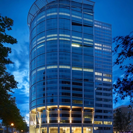 Exterior view of an office building at Blaak 555, Rotterdam Center, ideal for office space rental.