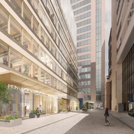 Exterior view of a modern office building at Coolsingel 75, Rotterdam Center, with people walking by and engaging outside. Ideal for those seeking office space rental in a bustling urban location.
