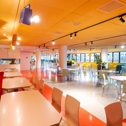 Bright and colorful workspace at Weena 70, Rotterdam Center with modern furniture and open floorplan, ideal for office space rental.