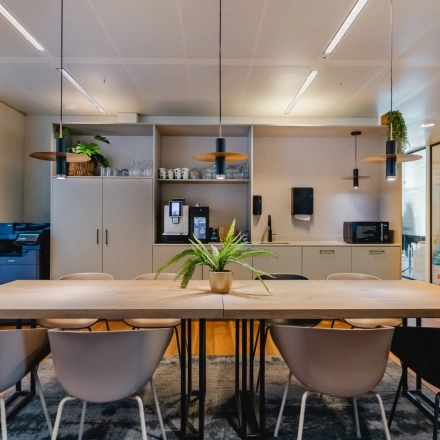 Modern office to rent at Weena 788, Rotterdam Center with furnished workspace, featuring a long table, multiple chairs, cabinets, and plants for office space rental ambiance.
