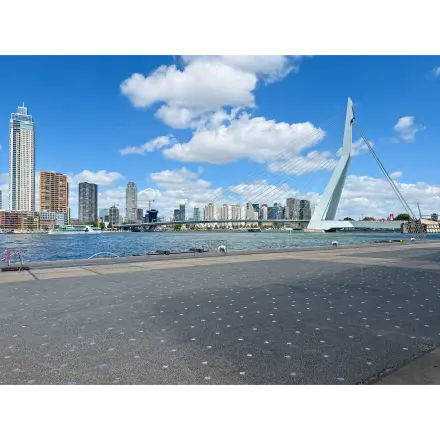 View of Rotterdam's skyline and Erasmus Bridge from Wilhelminakade 173, ideal for enterprises seeking office space rental with inspiring surroundings.