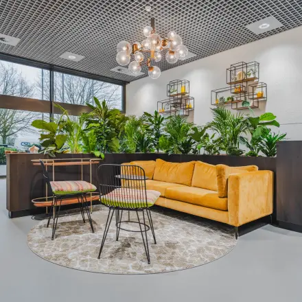 Modern lounge area with a mustard sofa, stylish chairs, and lush greenery at an office space rental in Rotterdam Kralingen.