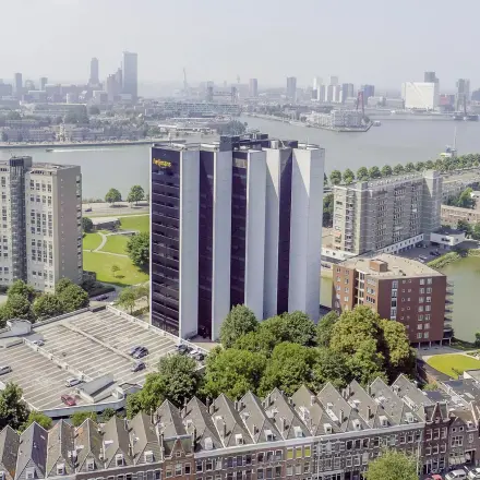 Aerial view of office buildings at Oostmaaslaan 71 in Rotterdam Kralingen, with river views.