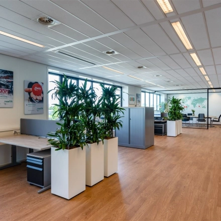 Spacious office space for rent in Rotterdam Waalhaven with modern decor, large windows, and plants. Features include desks and a meeting area.