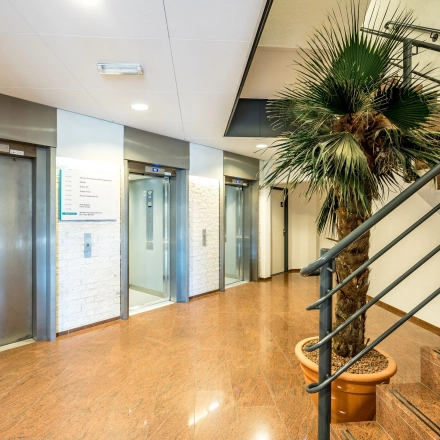 Interior view of the office to rent at Overschieseweg 304-332, Schiedam, featuring a sleek, polished floor, modern elevators, and a central staircase with a potted palm tree.
