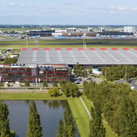 Exterior view of an office building located at Folkstoneweg 2-56, Schiphol Airport, suitable for office space rental.