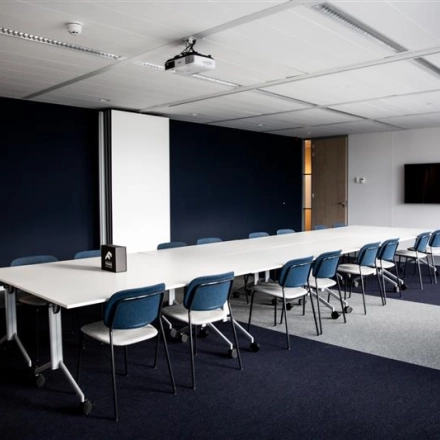 Spacious conference room at Alexanderveld 5-9, The Hague, featuring a long table with chairs suitable for meetings. Ideal for office space rental with modern amenities.