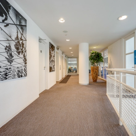 Spacious corridor in an office space rental at Kalvermarkt 53, The Hague Center, featuring carpet flooring, modern wall art, and decorative plant, ideal for businesses seeking an office to rent.