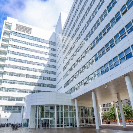 Exterior view of the modern office building at Kalvermarkt 53, The Hague Center, suitable for those seeking office space rental with ample light and sleek design.