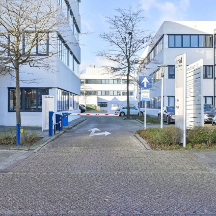 The exterior view of an office building at Kobaltweg 11, Utrecht Lage Weide, showcasing office space rental opportunities.