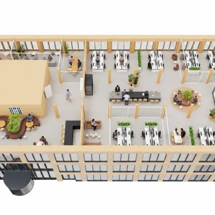 Spacious office layout at Hondiuslaan 114, Utrecht Papendorp featuring multiple workstations and collaborative areas, perfect for office space rental needs.