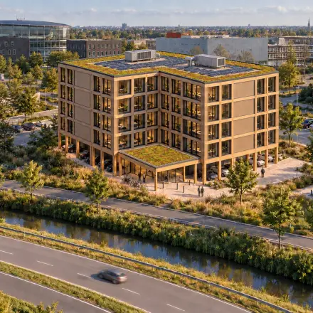 Aerial photo of a modern office building at Hondiuslaan 114 in Utrecht Papendorp, with a green roof and ample parking around it.