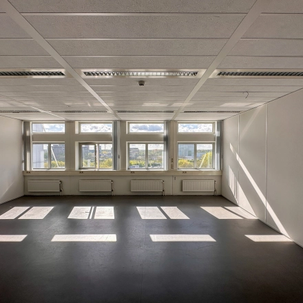 Sunlit office space at Daltonlaan 200, Utrecht Rijnsweerd, featuring large windows allowing natural light.