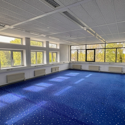 Spacious and well-lit office space available for rent at Daltonlaan 200, Utrecht Rijnsweerd, featuring large windows and blue carpeting, ideal for customization.