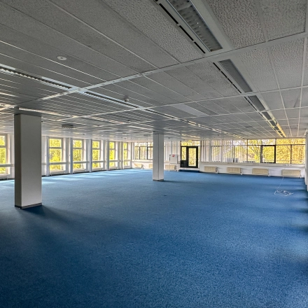 Spacious office space for rent at Daltonlaan 200, Utrecht Rijnsweerd, featuring abundant natural light and blue carpeting, suitable for customizable office space rental.