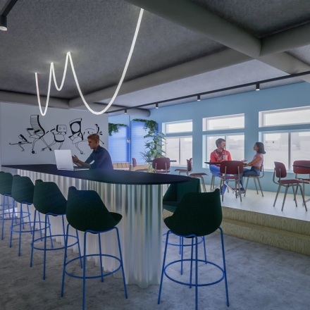 Modern office space at Daltonlaan 200, Utrecht Rijnsweerd, featuring a vibrant seating area with individuals engaged in discussions and working on laptops, ideal for office space rental.