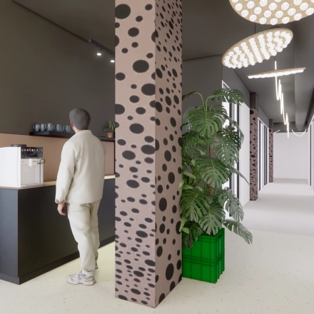 Office space at Daltonlaan 200 in Utrecht Rijnsweerd with a person making coffee. Modern interior with lighting and plant decor, ideal for rent office space needs.