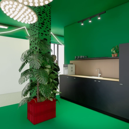Modern office lounge with vibrant green walls, large plants, and a sleek kitchenette at Daltonlaan 200, Utrecht Rijnsweerd, perfect for office space rental.